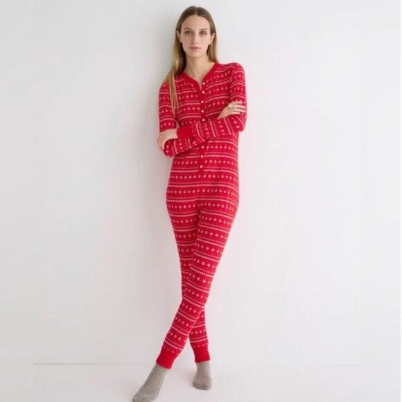 NWT! J. Crew Waffe Henley Fair Isle Red Button-Up Onesie Pajamas. Size Medium - Picture 1 of 14